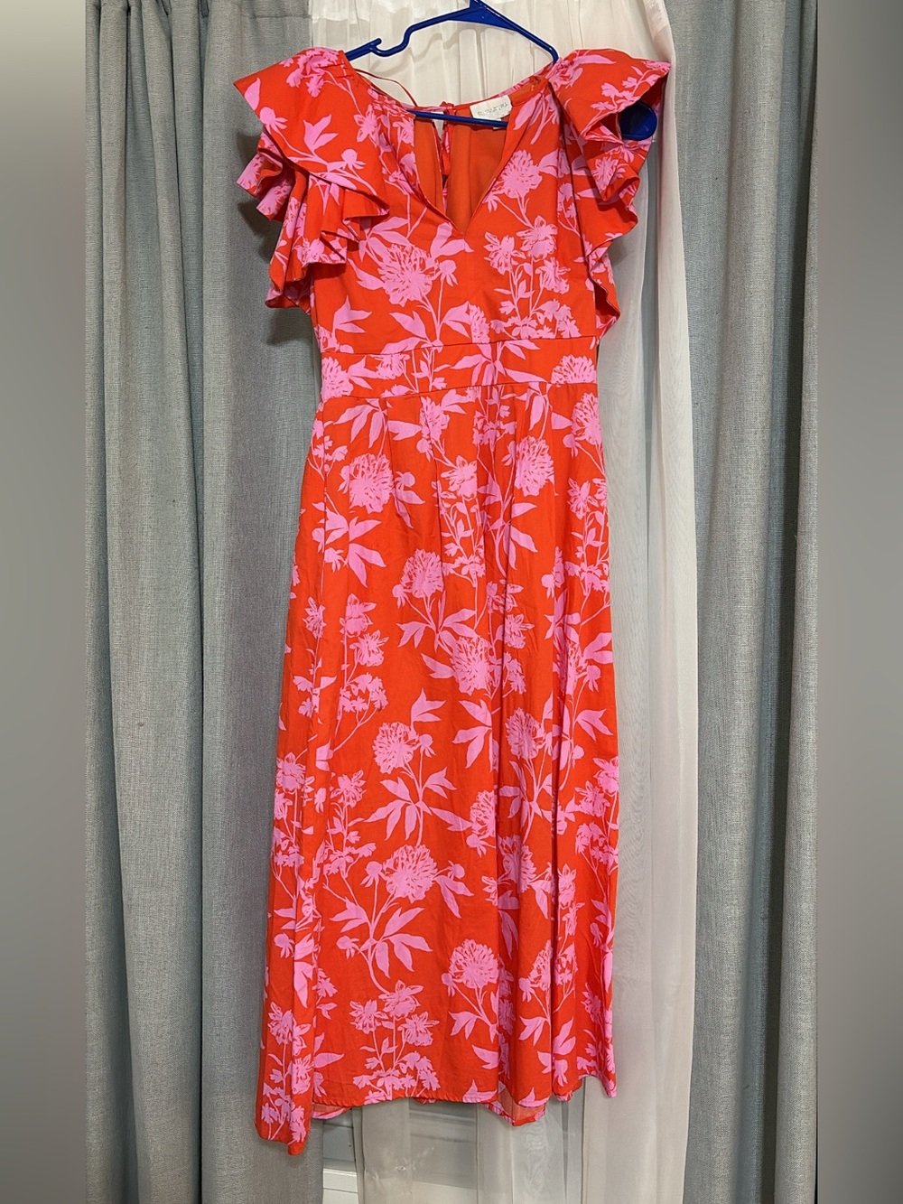 Sugarlips Red Dress with Pink Floral Print and Ruffle Sleeves